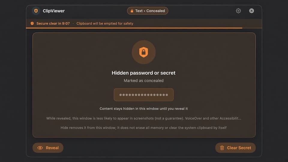 Secure Clipboard Viewer menu bar menu